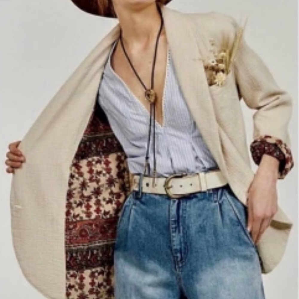 Free People Cream Textured Blazer with Floral Cuff - Picture 2 of 8